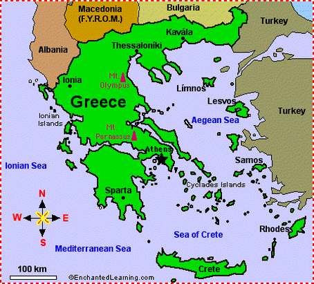 The Mediterranean Sea and the surrounding countries. Greece has a
